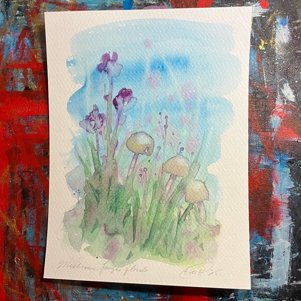 Mushroom flowers painting original art watercolor‎ nature garden artwork Ettina